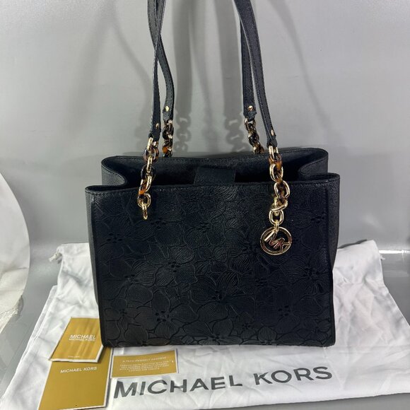 Authentic Michael Kors Black Saffiano Leather Floral Embossed Shoulder Bag - Picture 1 of 14
